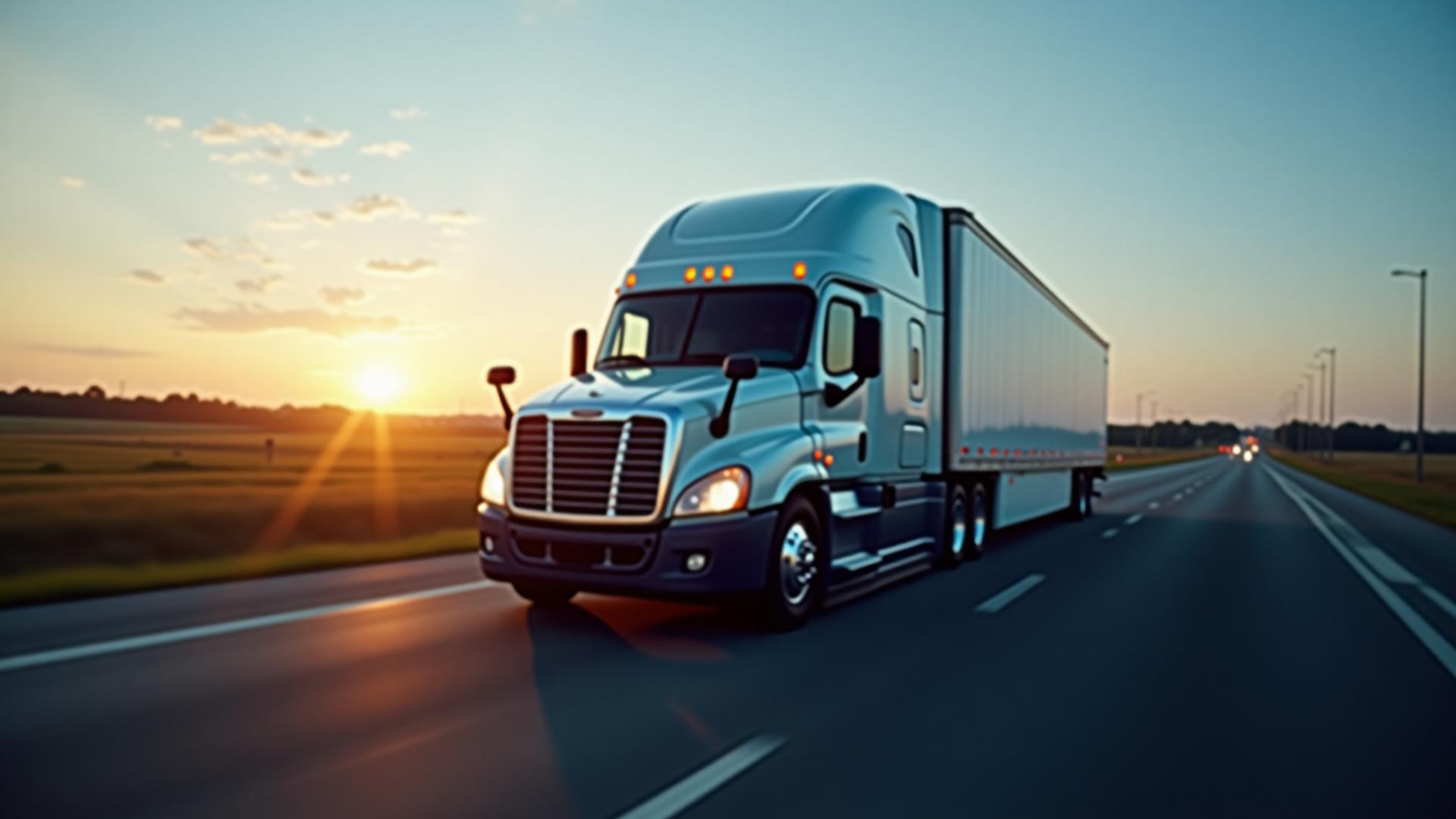 Modern Rosemont Logistics semi-truck traveling through Illinois landscape at dusk