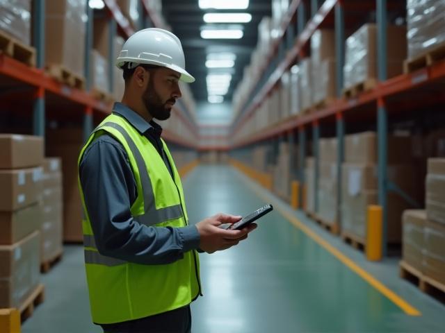 Logistics professional inspecting freight in a high-tech warehouse