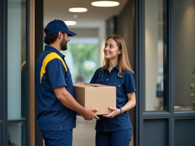 Professional delivery driver handing over a package to a customer at a business storefront