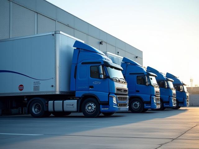 A line of Rosemont Logistics trucks staged at a loading dock for scheduled regional routes